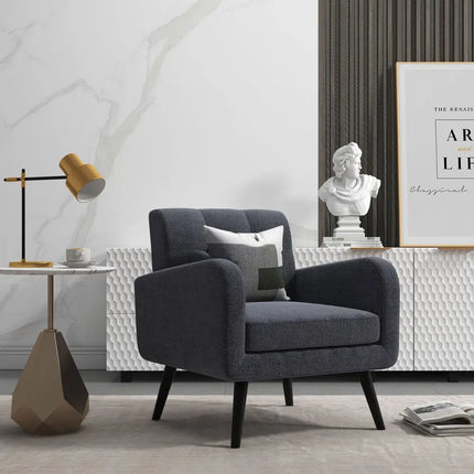 Modern Upholstered Comfy Accent Chair Single Sofa with Rubber Wood Legs-Gray - Gray - Accent Chairs