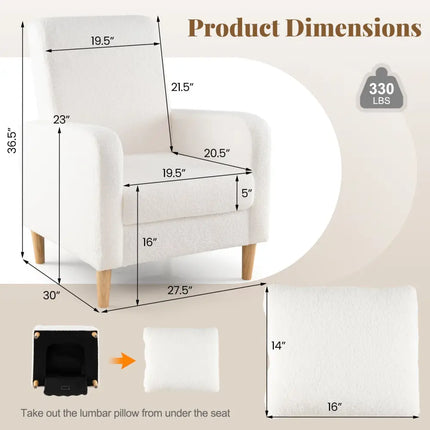 Modern Upholstered Sofa chair with Lumbar Pillow and Teddy Fleece Cover-White - White - Accent Chairs