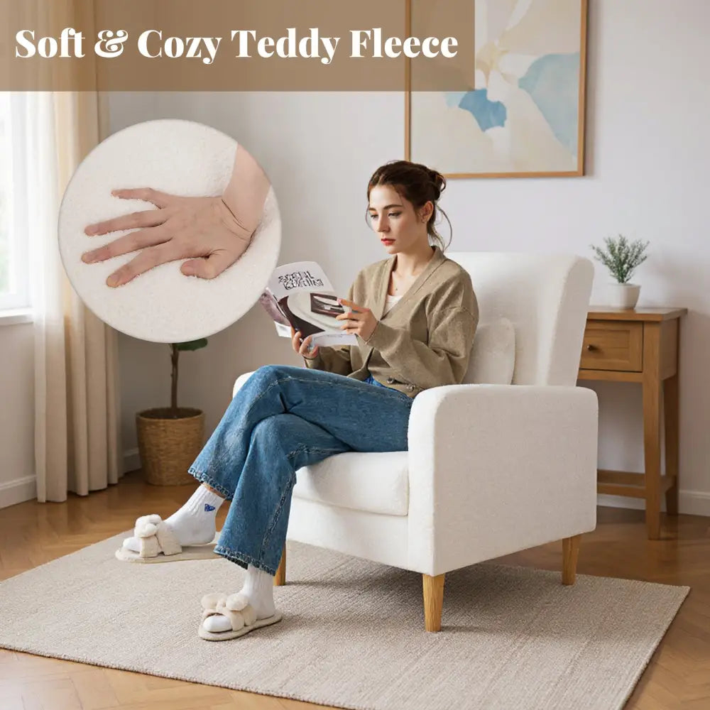 Modern Upholstered Sofa chair with Lumbar Pillow and Teddy Fleece Cover-White - White - Accent Chairs