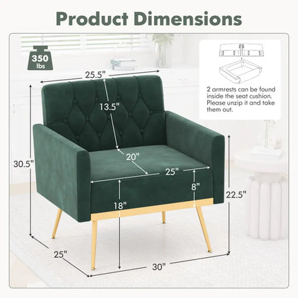 Modern Velvet Accent Chair with Button Tufted Back Golden Metal Legs and Adjustable Foot Pads-Green - Green - Accent