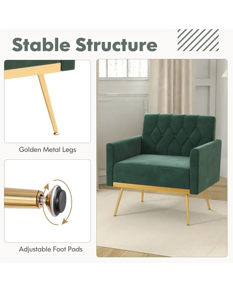 Modern Velvet Accent Chair with Button Tufted Back Golden Metal Legs and Adjustable Foot Pads-Green - Green - Accent