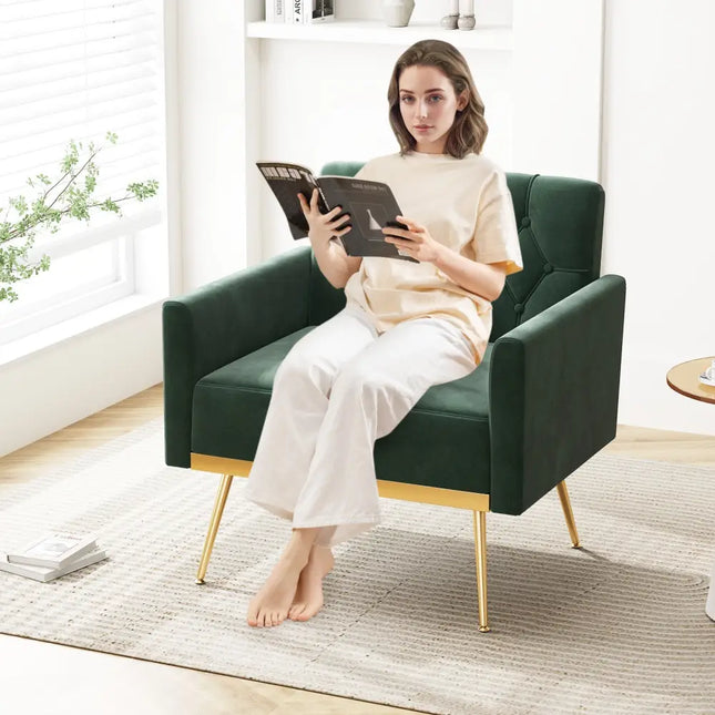 Modern Velvet Accent Chair with Button Tufted Back Golden Metal Legs and Adjustable Foot Pads-Green - Green - Accent