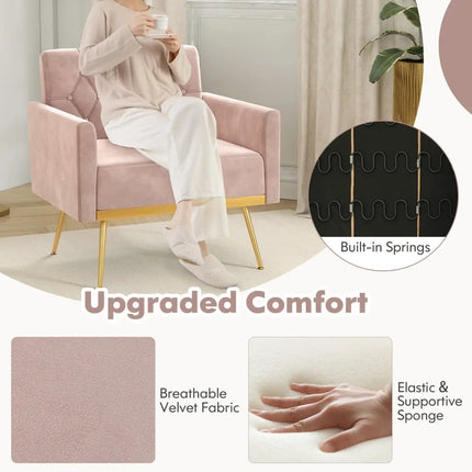 Modern Velvet Accent Chair with Button Tufted Back Golden Metal Legs and Adjustable Foot Pads-Pink - Pink - Accent