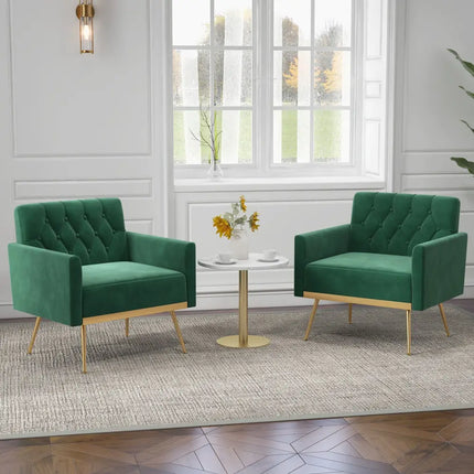 Modern Velvet Accent Chair with Button Tufted Back Golden Metal Legs and Adjustable Foot Pads-Turquoise - Turquoise