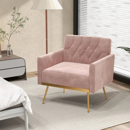 Modern Velvet Accent Chair with Button Tufted Back Golden Metal Legs and Adjustable Foot Pads-Pink - Pink - Accent
