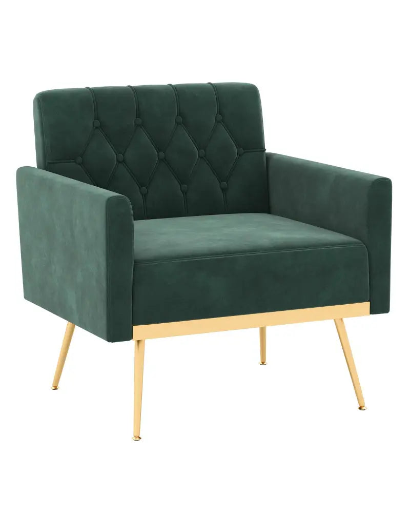 Modern Velvet Accent Chair with Button Tufted Back Golden Metal Legs and Adjustable Foot Pads-Green - Green - Accent