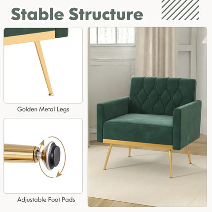 Modern Velvet Accent Chair with Button Tufted Back Golden Metal Legs and Adjustable Foot Pads-Green - Green - Accent