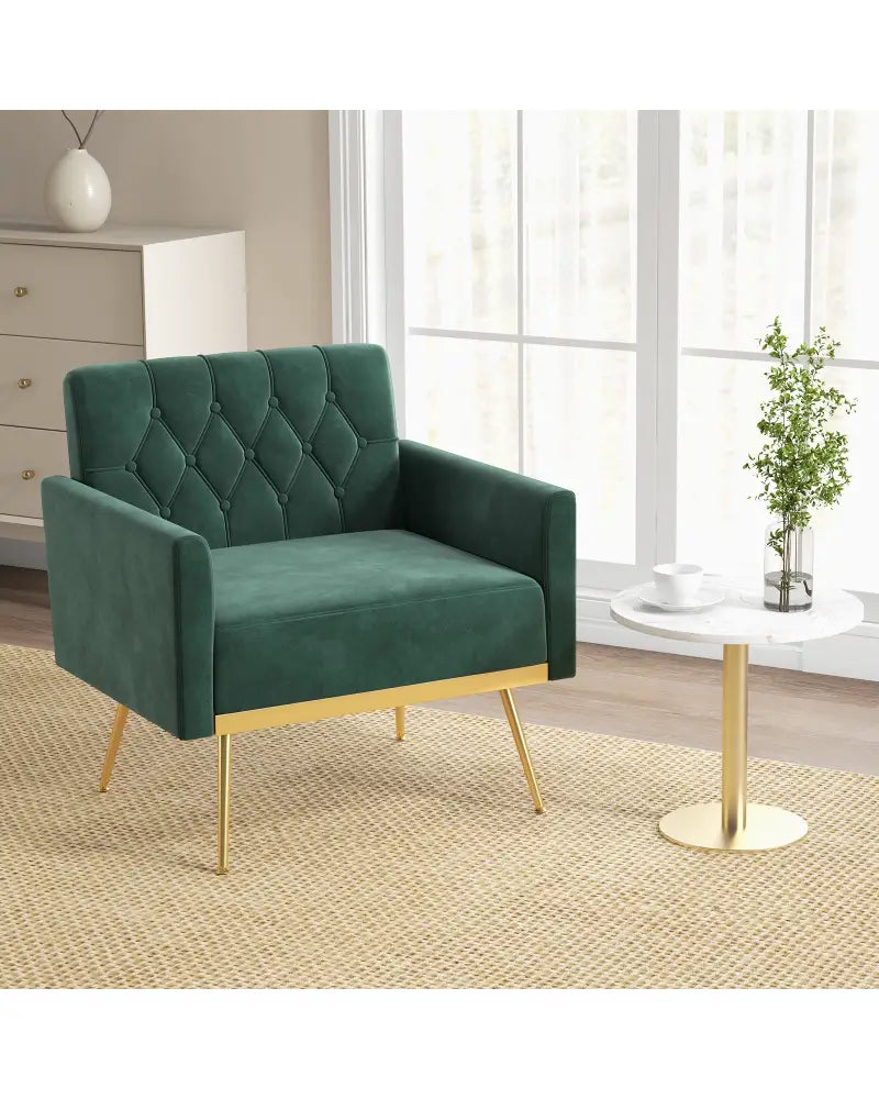 Modern Velvet Accent Chair with Button Tufted Back Golden Metal Legs and Adjustable Foot Pads-Green - Green - Accent