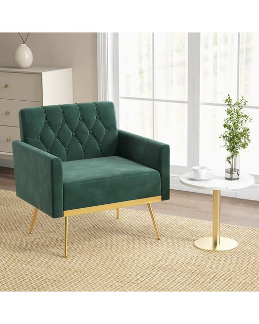 Modern Velvet Accent Chair with Button Tufted Back Golden Metal Legs and Adjustable Foot Pads-Green - Green - Accent