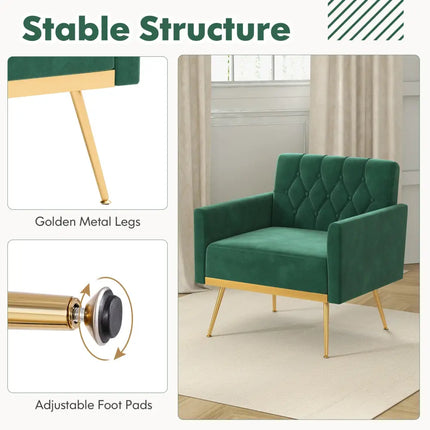 Modern Velvet Accent Chair with Button Tufted Back Golden Metal Legs and Adjustable Foot Pads-Turquoise - Turquoise