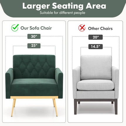 Modern Velvet Accent Chair with Button Tufted Back Golden Metal Legs and Adjustable Foot Pads-Green - Green - Accent