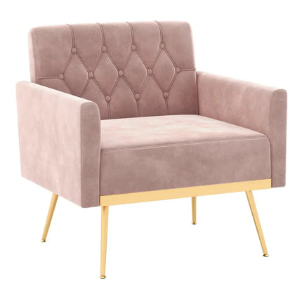 Modern Velvet Accent Chair with Button Tufted Back Golden Metal Legs and Adjustable Foot Pads-Pink - Pink - Accent