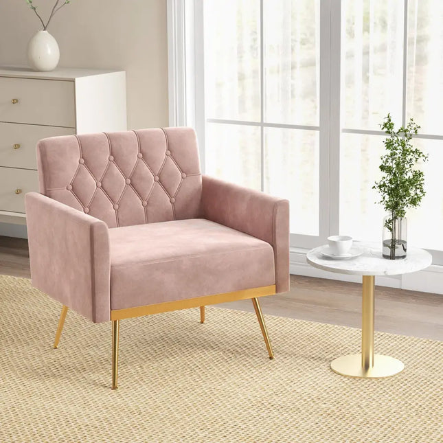 Modern Velvet Accent Chair with Button Tufted Back Golden Metal Legs and Adjustable Foot Pads-Pink - Pink - Accent