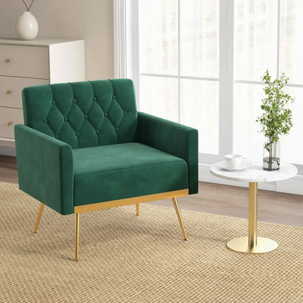 Modern Velvet Accent Chair with Button Tufted Back Golden Metal Legs and Adjustable Foot Pads-Turquoise - Turquoise