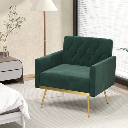 Modern Velvet Accent Chair with Button Tufted Back Golden Metal Legs and Adjustable Foot Pads-Green - Green - Accent