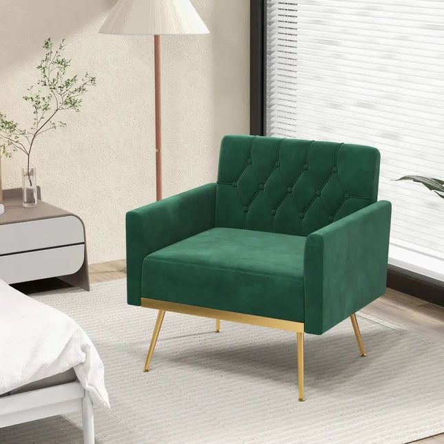 Modern Velvet Accent Chair with Button Tufted Back Golden Metal Legs and Adjustable Foot Pads-Turquoise - Turquoise