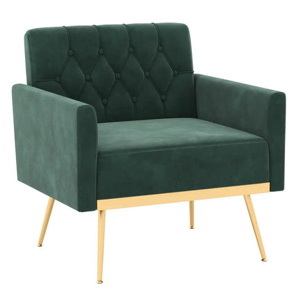 Modern Velvet Accent Chair with Button Tufted Back Golden Metal Legs and Adjustable Foot Pads-Green - Green - Accent