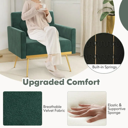 Modern Velvet Accent Chair with Button Tufted Back Golden Metal Legs and Adjustable Foot Pads-Green - Green - Accent