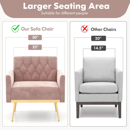 Modern Velvet Accent Chair with Button Tufted Back Golden Metal Legs and Adjustable Foot Pads-Pink - Pink - Accent