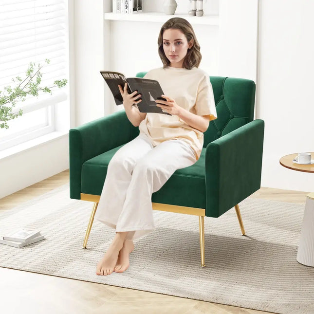 Modern Velvet Accent Chair with Button Tufted Back Golden Metal Legs and Adjustable Foot Pads-Turquoise - Turquoise
