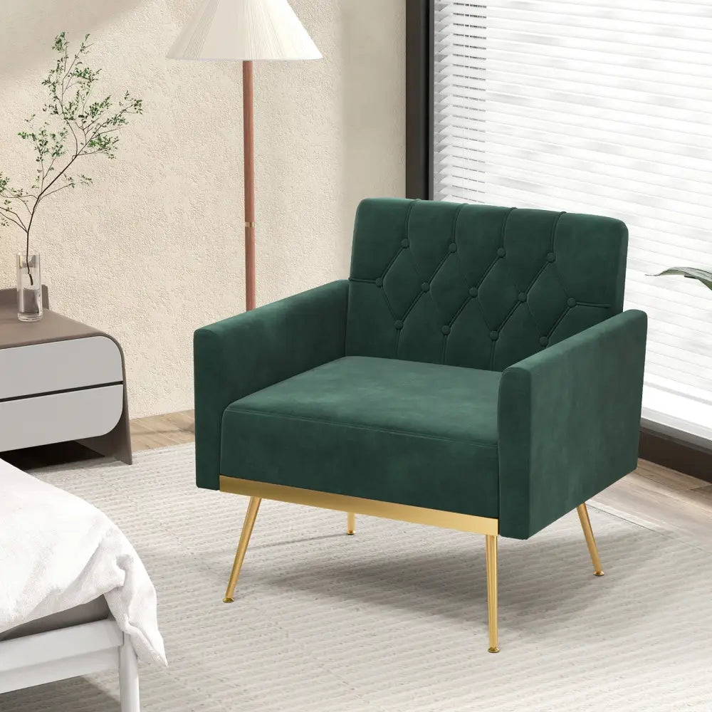 Modern Velvet Accent Chair with Button Tufted Back Golden Metal Legs and Adjustable Foot Pads-Green - Green - Accent