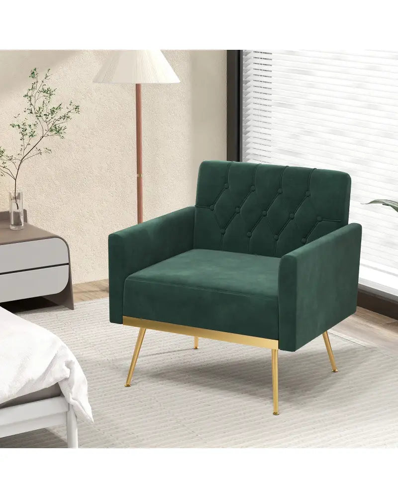 Modern Velvet Accent Chair with Button Tufted Back Golden Metal Legs and Adjustable Foot Pads-Green - Green - Accent