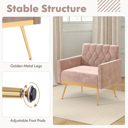 Modern Velvet Accent Chair with Button Tufted Back Golden Metal Legs and Adjustable Foot Pads-Pink - Pink - Accent
