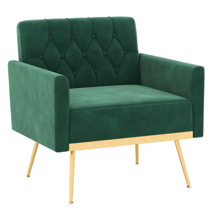 Modern Velvet Accent Chair with Button Tufted Back Golden Metal Legs and Adjustable Foot Pads-Turquoise - Turquoise