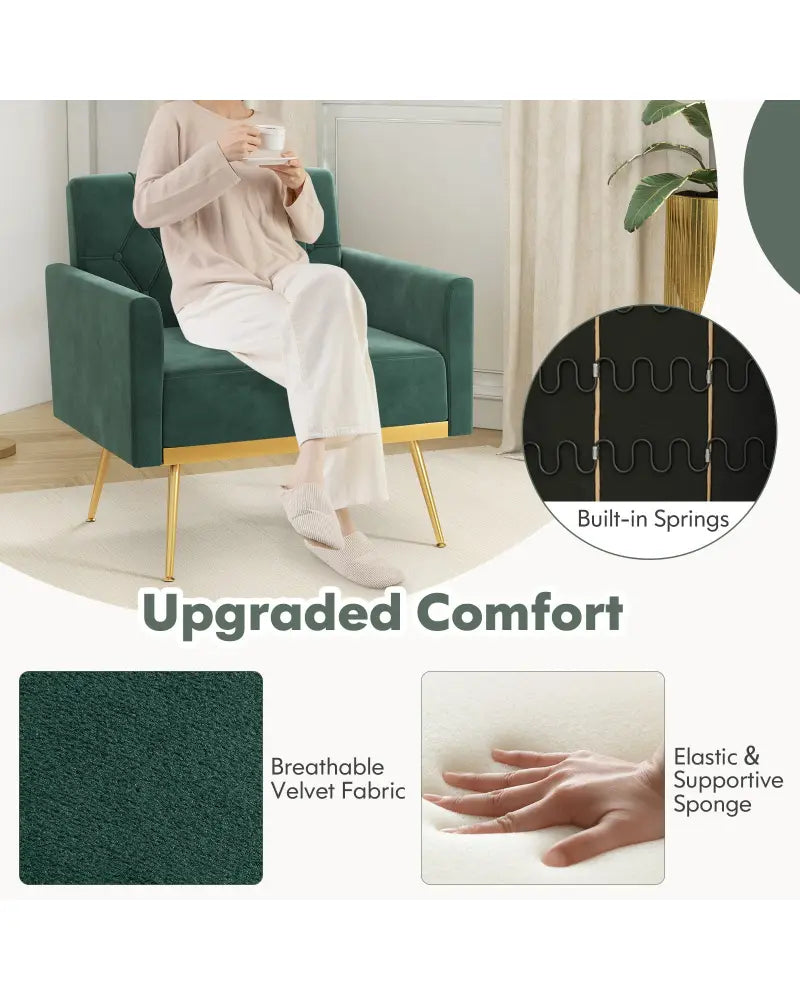 Modern Velvet Accent Chair with Button Tufted Back Golden Metal Legs and Adjustable Foot Pads-Green - Green - Accent