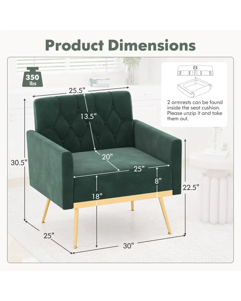 Modern Velvet Accent Chair with Button Tufted Back Golden Metal Legs and Adjustable Foot Pads-Green - Green - Accent