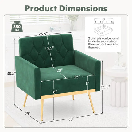 Modern Velvet Accent Chair with Button Tufted Back Golden Metal Legs and Adjustable Foot Pads-Turquoise - Turquoise