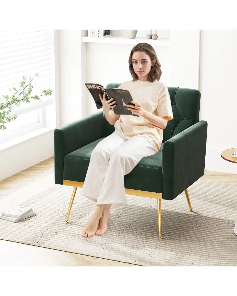 Modern Velvet Accent Chair with Button Tufted Back Golden Metal Legs and Adjustable Foot Pads-Green - Green - Accent
