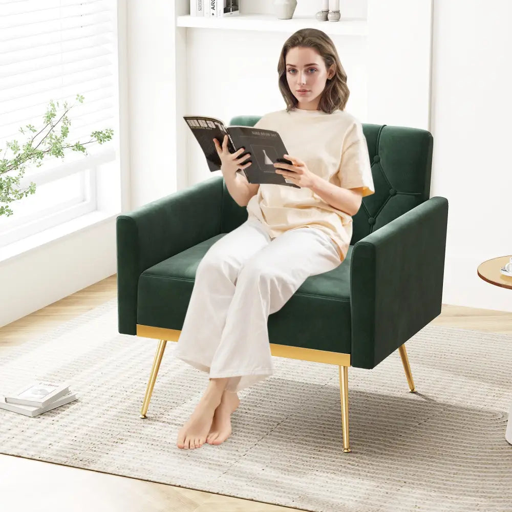 Modern Velvet Accent Chair with Button Tufted Back Golden Metal Legs and Adjustable Foot Pads-Green - Green - Accent