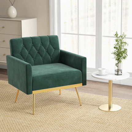 Modern Velvet Accent Chair with Button Tufted Back Golden Metal Legs and Adjustable Foot Pads-Green - Green - Accent