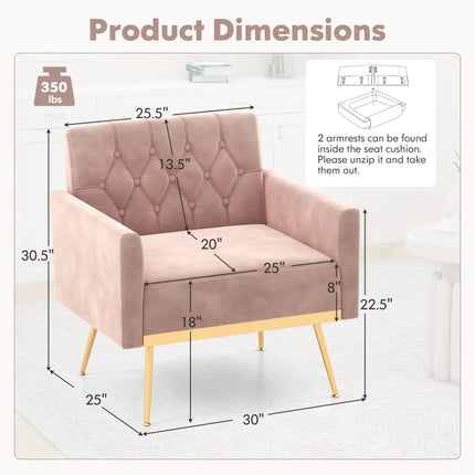 Modern Velvet Accent Chair with Button Tufted Back Golden Metal Legs and Adjustable Foot Pads-Pink - Pink - Accent