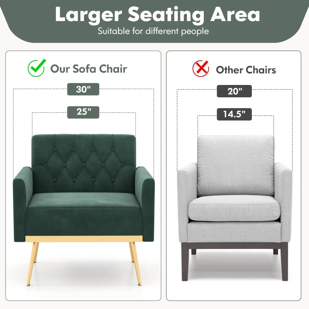 Modern Velvet Accent Chair with Button Tufted Back Golden Metal Legs and Adjustable Foot Pads-Green - Green - Accent