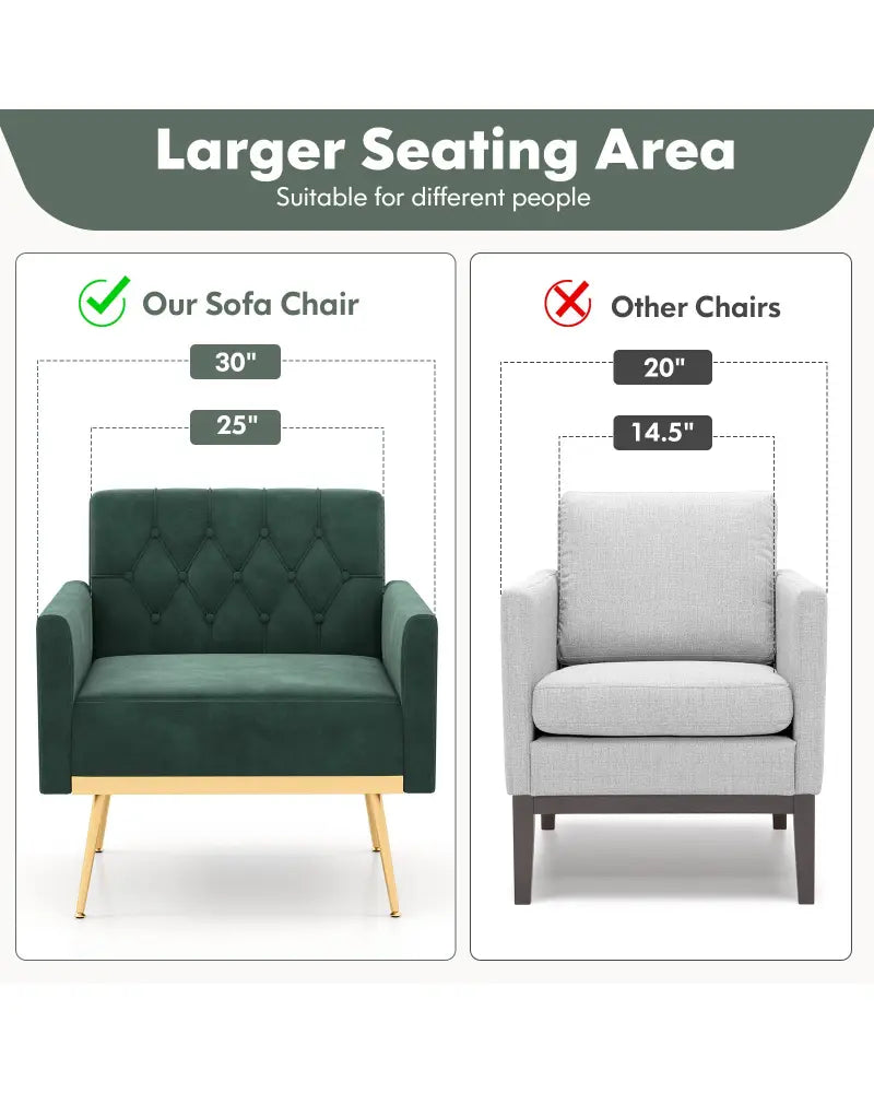 Modern Velvet Accent Chair with Button Tufted Back Golden Metal Legs and Adjustable Foot Pads-Green - Green - Accent