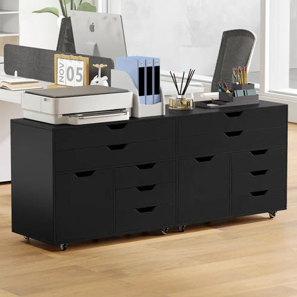 Modern Vertical 5-Drawer Mobile Chest with Door 5 Casters-Black - Black - File Cabinets