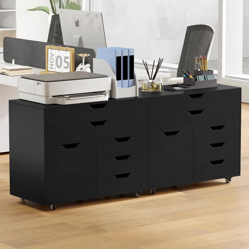 Modern Vertical 5-Drawer Mobile Chest with Door 5 Casters-Black - Black - File Cabinets