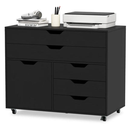 Modern Vertical 5-Drawer Mobile Chest with Door 5 Casters-Black - Black - File Cabinets