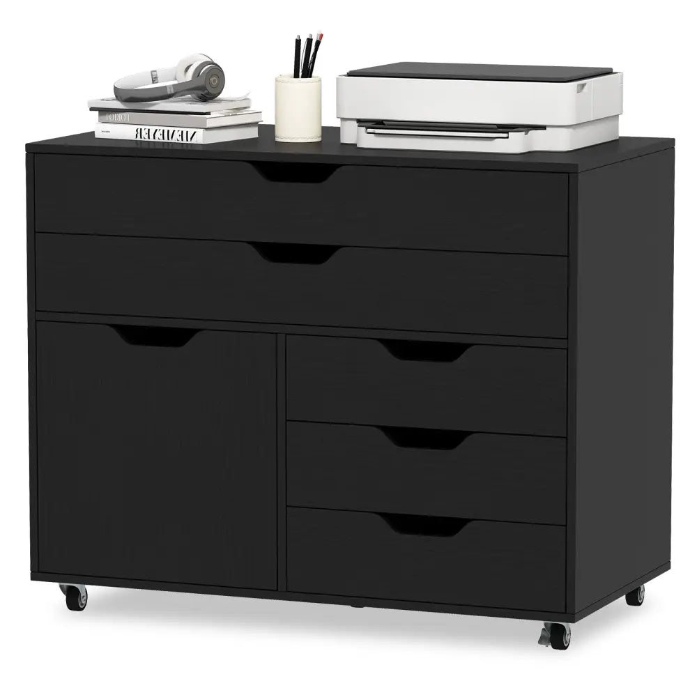 Modern Vertical 5-Drawer Mobile Chest with Door 5 Casters-Black - Black - File Cabinets