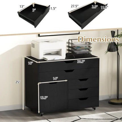 Modern Vertical 5-Drawer Mobile Chest with Door 5 Casters-Black - Black - File Cabinets
