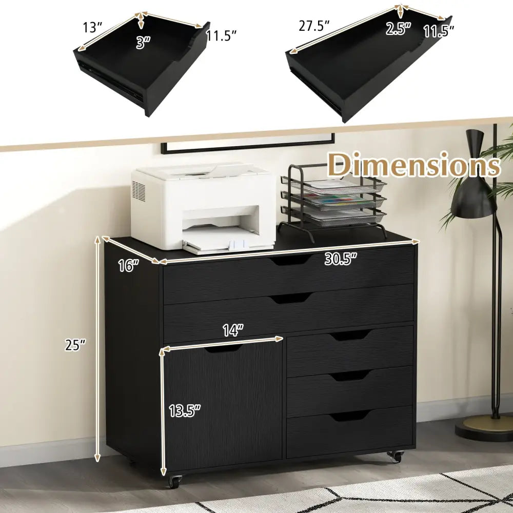 Modern Vertical 5-Drawer Mobile Chest with Door 5 Casters-Black - Black - File Cabinets