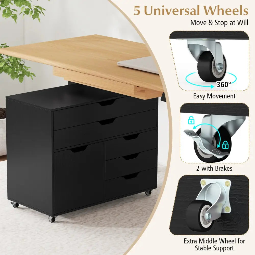 Modern Vertical 5-Drawer Mobile Chest with Door 5 Casters-Black - Black - File Cabinets