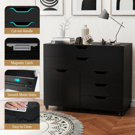 Modern Vertical 5-Drawer Mobile Chest with Door 5 Casters-Black - Black - File Cabinets