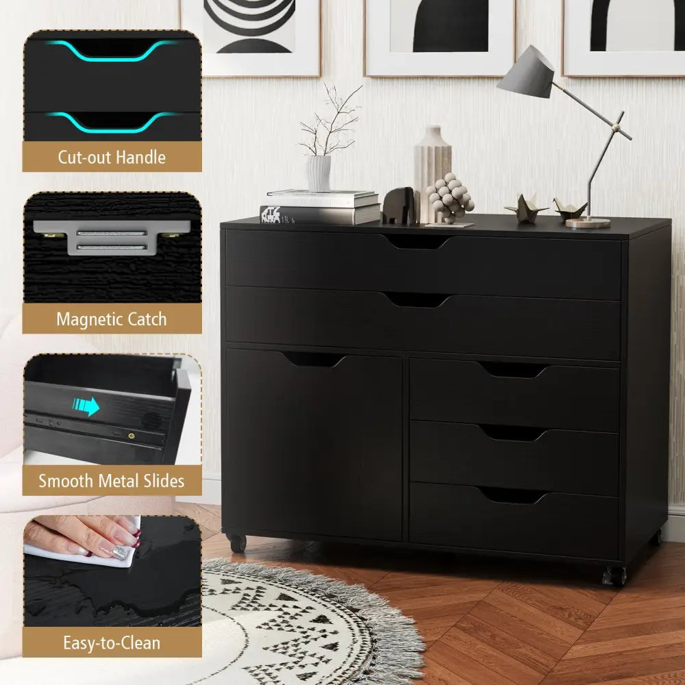 Modern Vertical 5-Drawer Mobile Chest with Door 5 Casters-Black - Black - File Cabinets