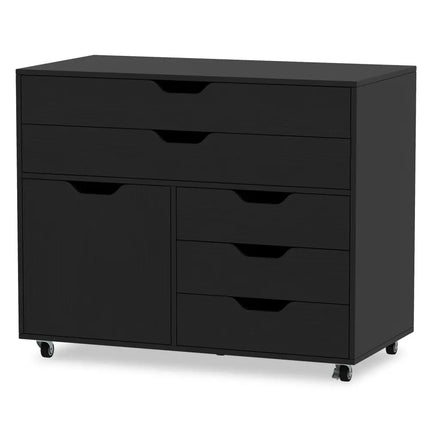 Modern Vertical 5-Drawer Mobile Chest with Door 5 Casters-Black - Black - File Cabinets