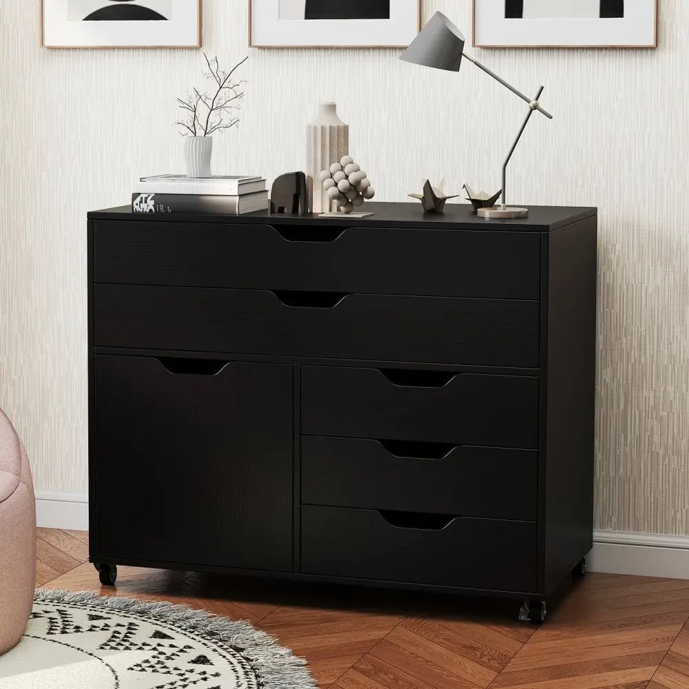 Modern Vertical 5-Drawer Mobile Chest with Door 5 Casters-Black - Black - File Cabinets
