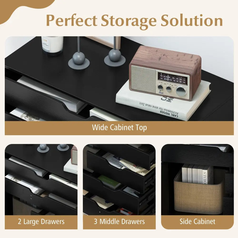 Modern Vertical 5-Drawer Mobile Chest with Door 5 Casters-Black - Black - File Cabinets