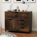 Modern Vertical 5-Drawer Mobile Chest with Door 5 Casters-Brown - Brown - File Cabinets